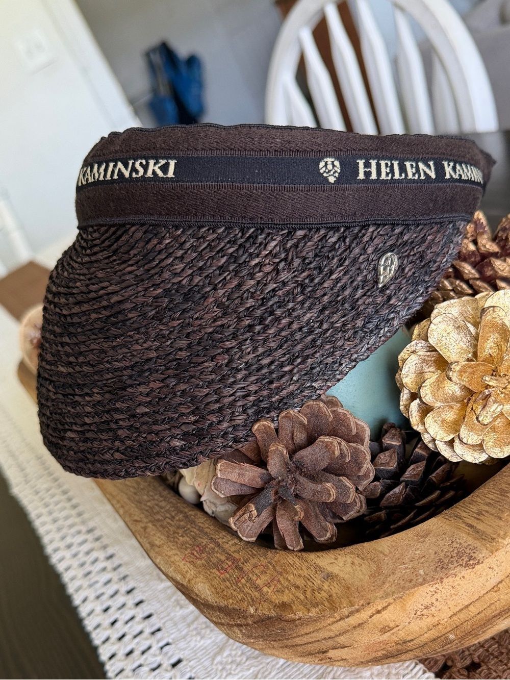 Helen Kaminski Chocolate Brown & Black Bianca Raffia Braid Visor Hat